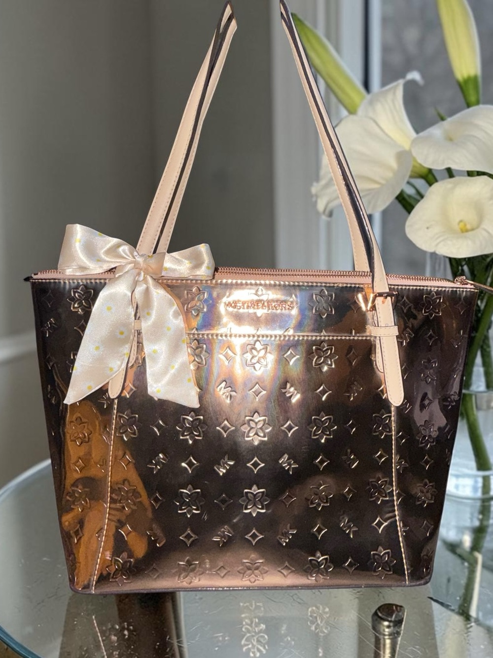 Michael Kors Metallic Rose Gold Tote Bag EUC
